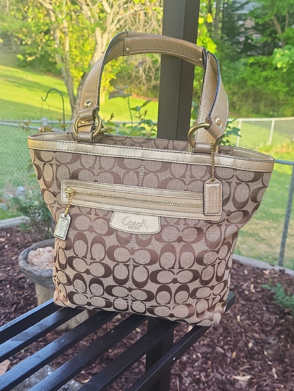 Coach Monogram Tote in Brown and Tan with Gold Hardware